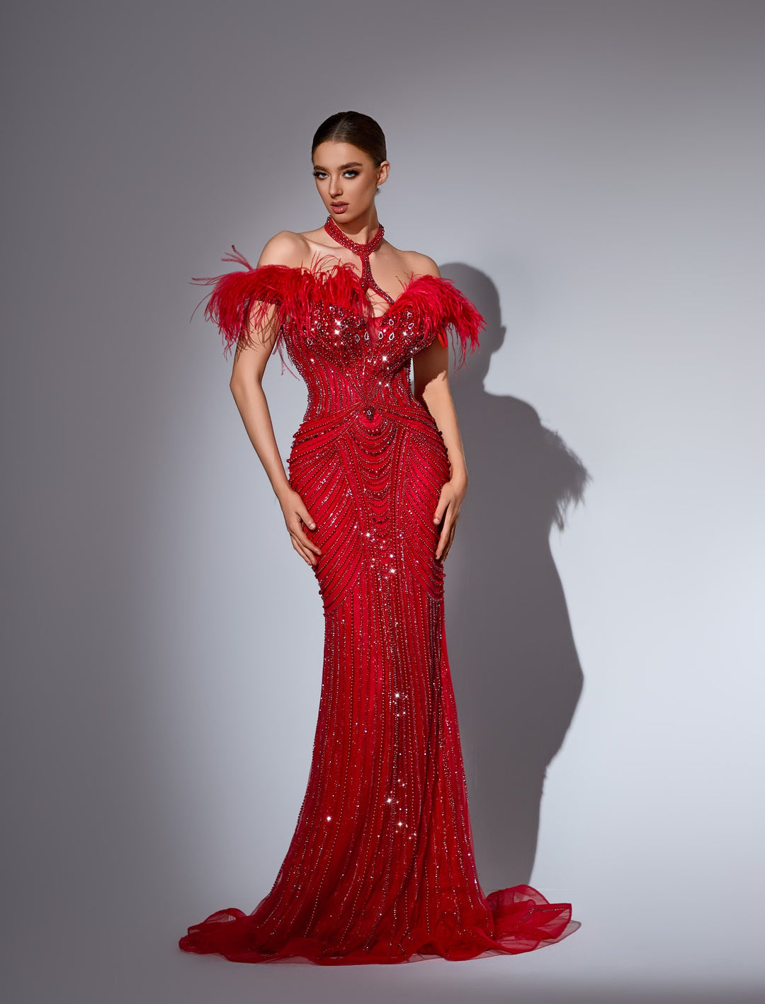 Delilah LD11439 Off-the-Shoulder Feather Trim Beaded Corset Mermaid Gown with Choker Strap - Red front view
