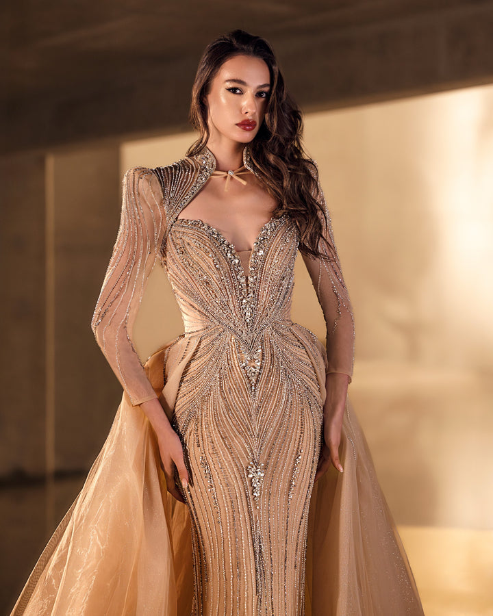 Delilah LD11650 High Collar Long Sleeve Crystal Sheath Gown with Tulle Overskirt - Champagne close-up view