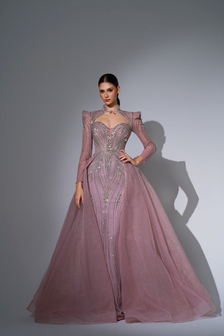 Delilah LD11650 High Collar Long Sleeve Crystal Sheath Gown with Tulle Overskirt - Pink front view