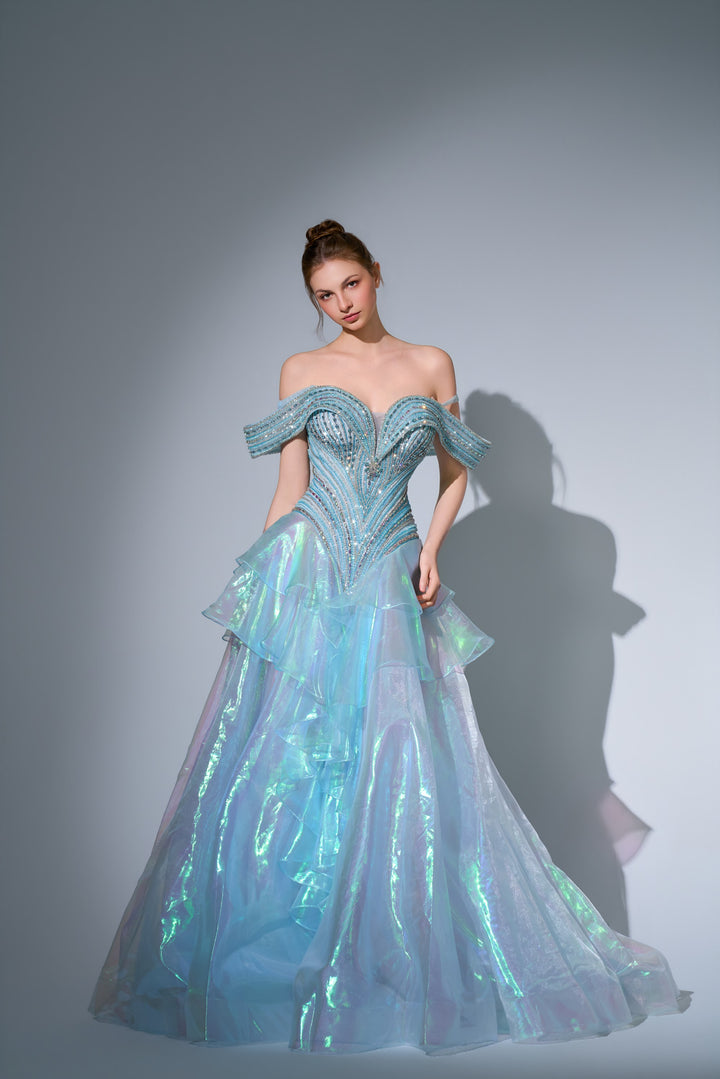 Delilah SH11630 Off-the-Shoulder Crystal Corset Gown with Iridescent Ruffle Skirt - Green front view