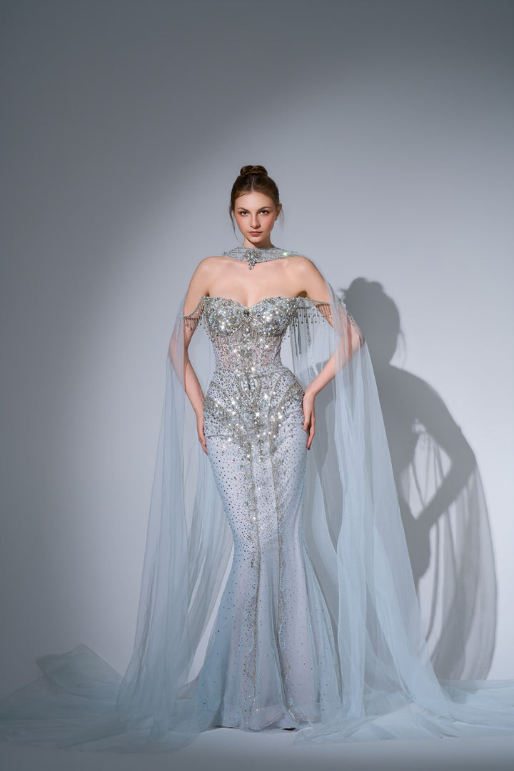 Delilah SH12066 Off-the-Shoulder Crystal Corset Mermaid Gown with Choker Tulle Cape - Blue front view