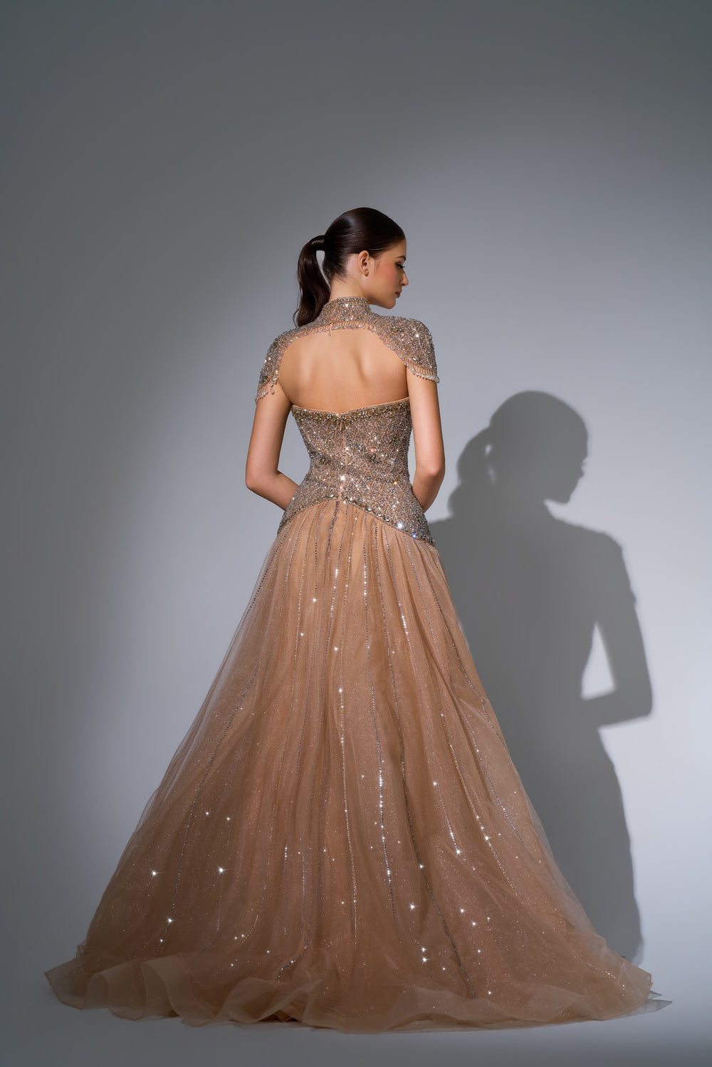 Delilah LD11679 Strapless Crystal Basque Ball Gown with High Neck Beaded Bolero - Champagne back view