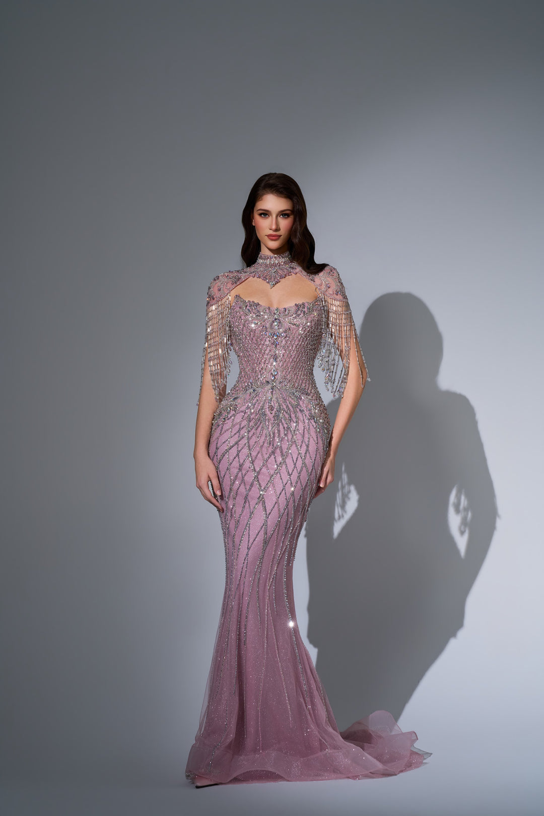 Delilah LD11692 High Neck Crystal Fringe Capelet Lattice Mermaid Gown - Pink front view