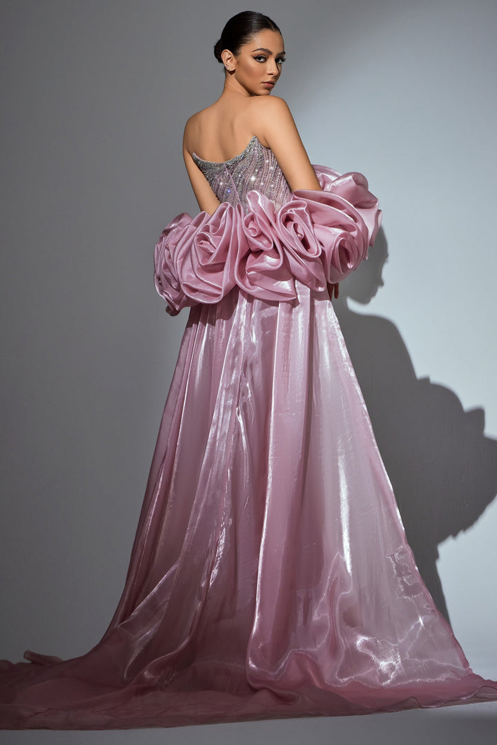 Delilah HM402 Strapless Plunging Sweetheart Beaded Mermaid Gown with Ruffled Overskirt - Pink back view