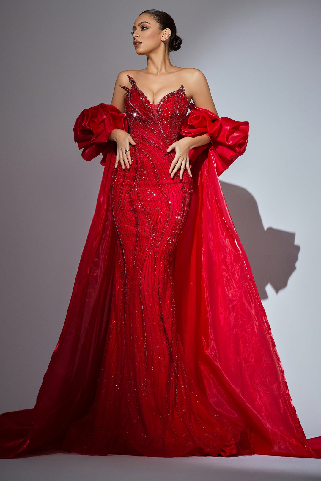 Delilah HM402 Strapless Plunging Sweetheart Beaded Mermaid Gown with Ruffled Overskirt - Red front view