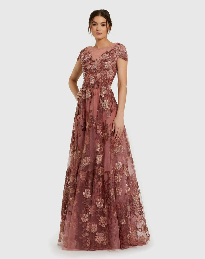 Mac Duggal 20294 Floral Embroidered Cap Sleeve Evening Gown