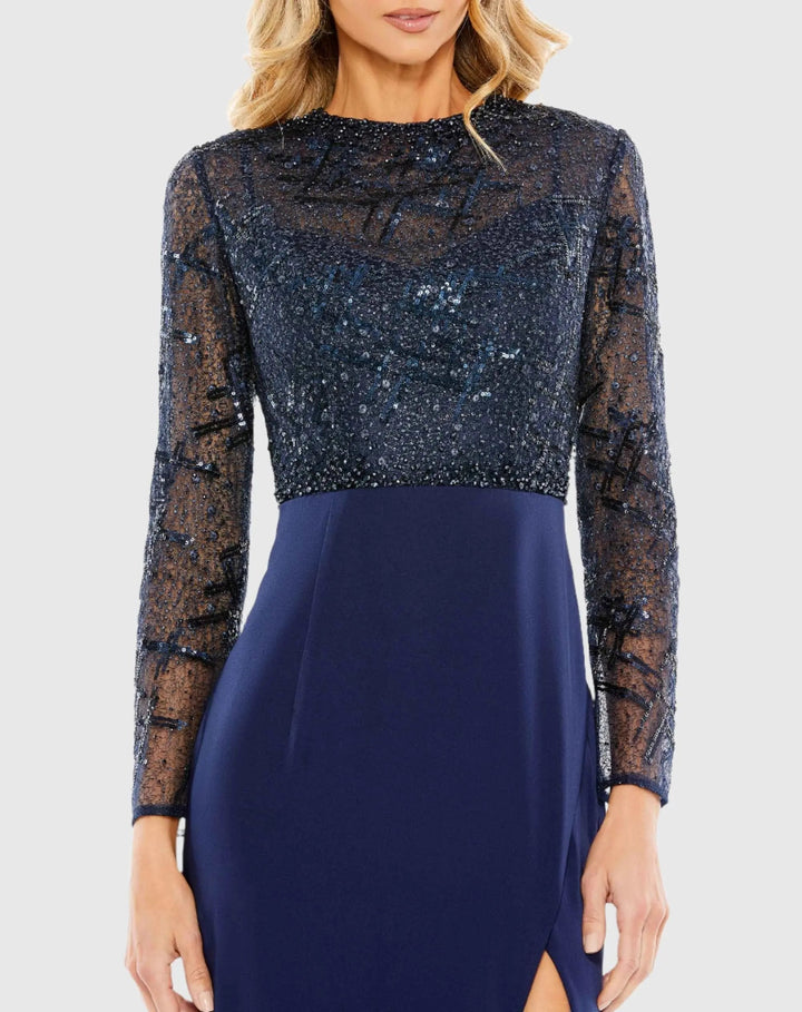 Mac Duggal 20340 Embellished High Neck Bodice Faux Wrap Gown