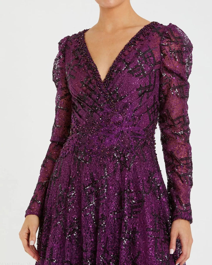 Mac Duggal 20353 Embellished V Neck Long Sleeve A Line Gown