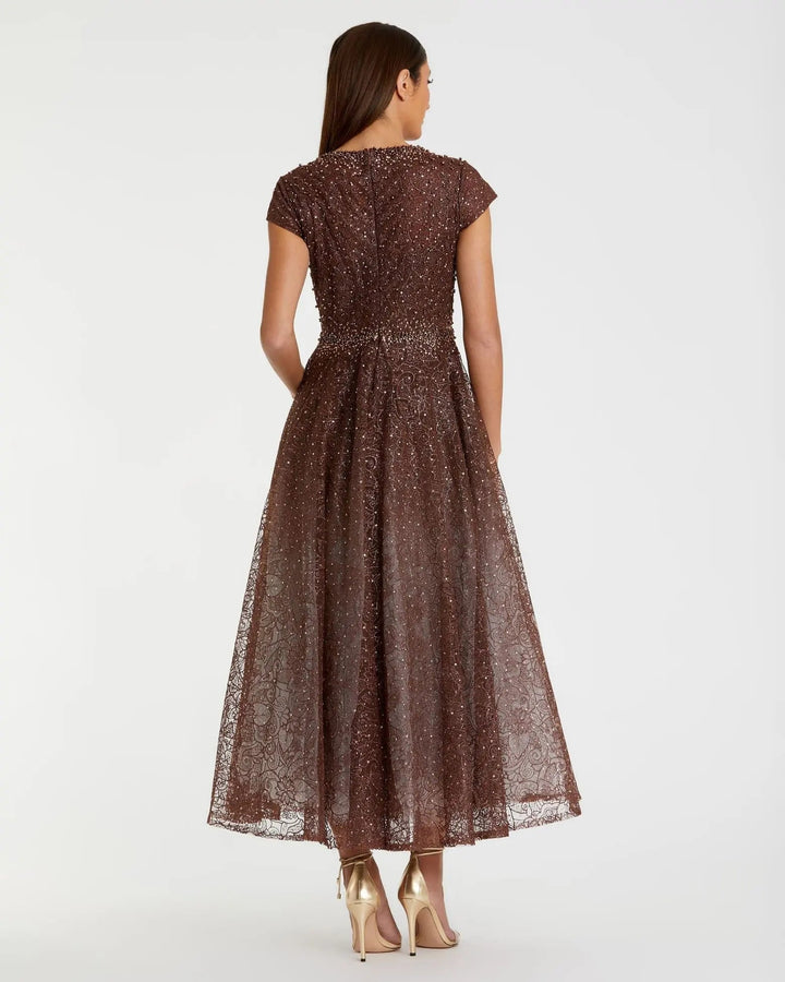 Mac Duggal 20371 Brown Embellished Cap Sleeve A Line Dress