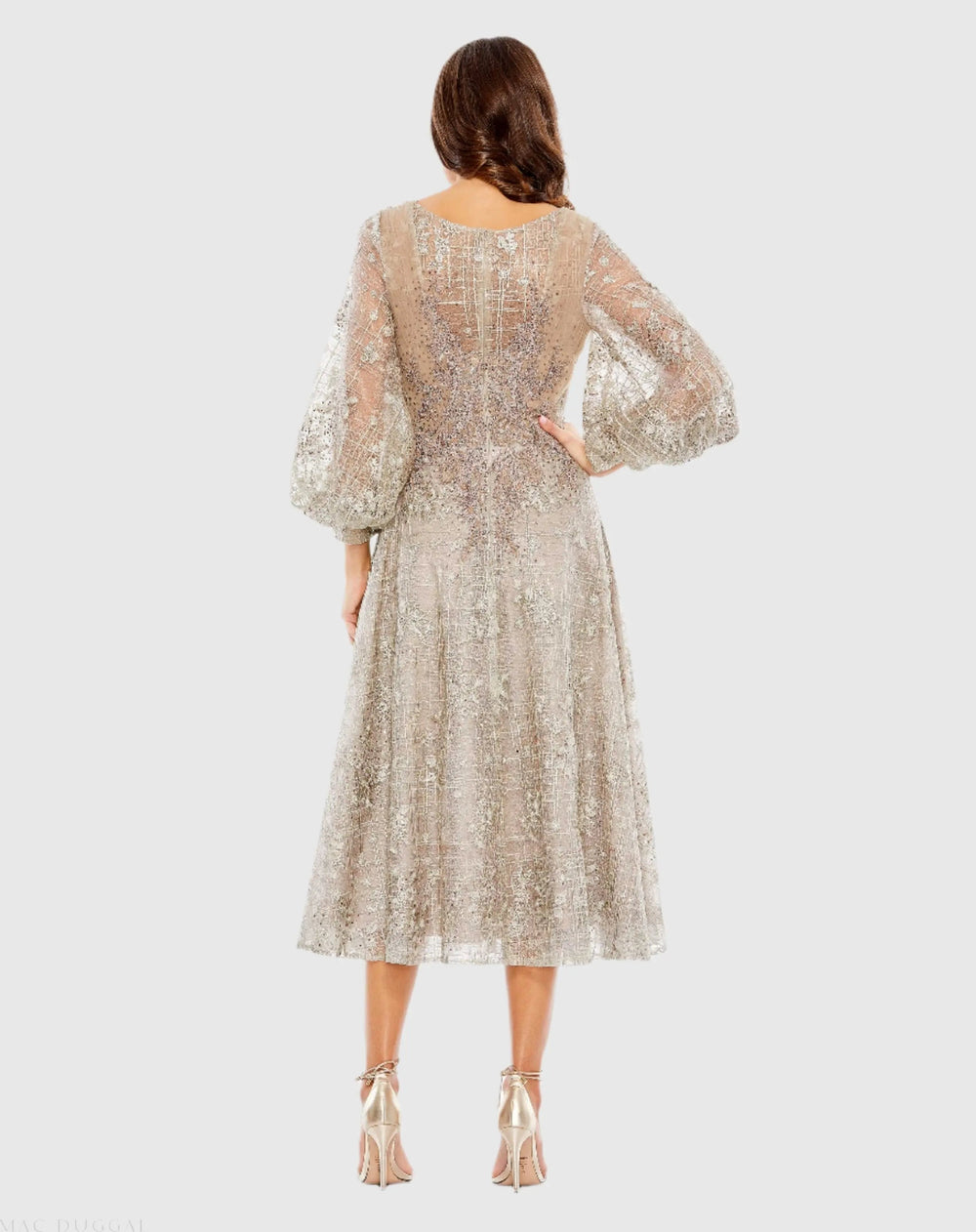 Mac Duggal 20391 Embellished Plunge Neck Bishop Sleeve Midi Dress