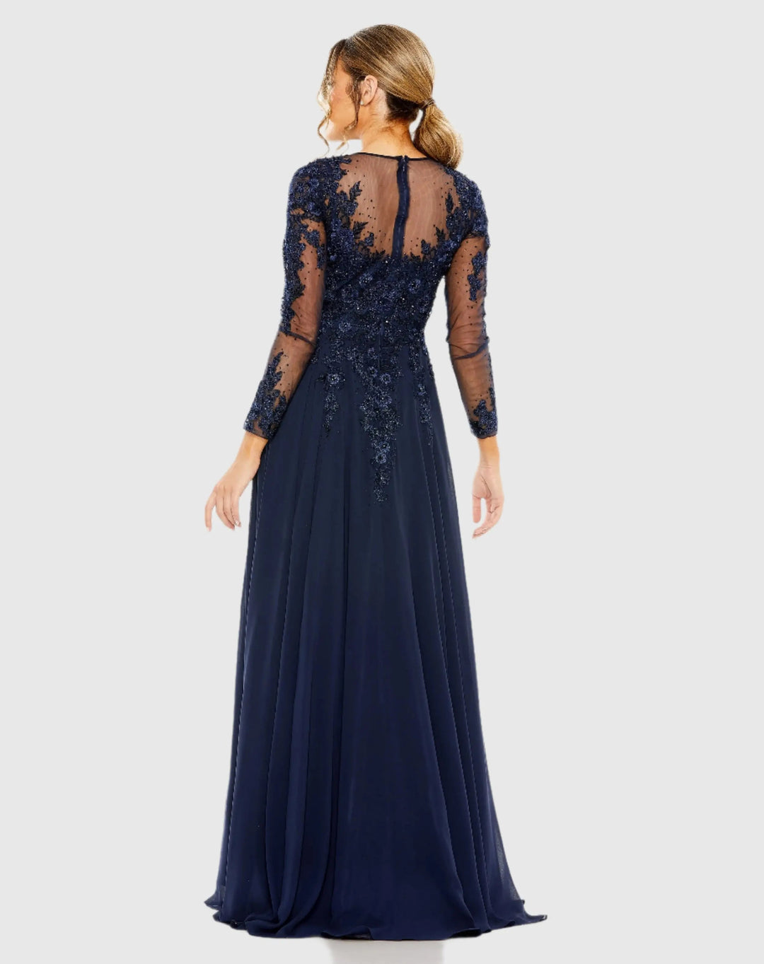 Mac Duggal 20478 High Neck Mesh Long Sleeve Embellished A Line Gown