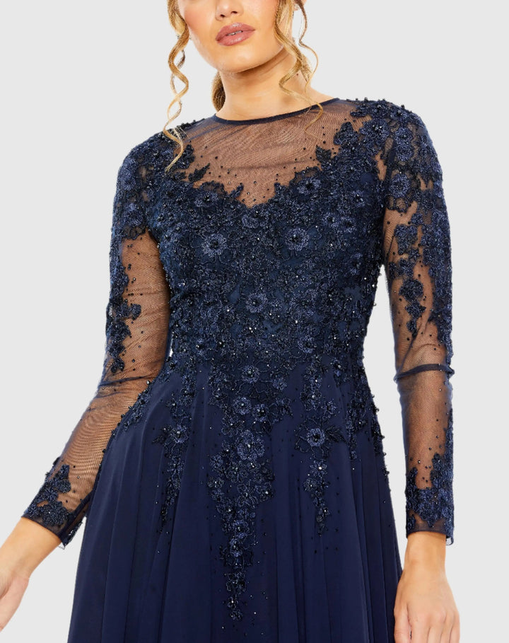Mac Duggal 20478 High Neck Mesh Long Sleeve Embellished A Line Gown