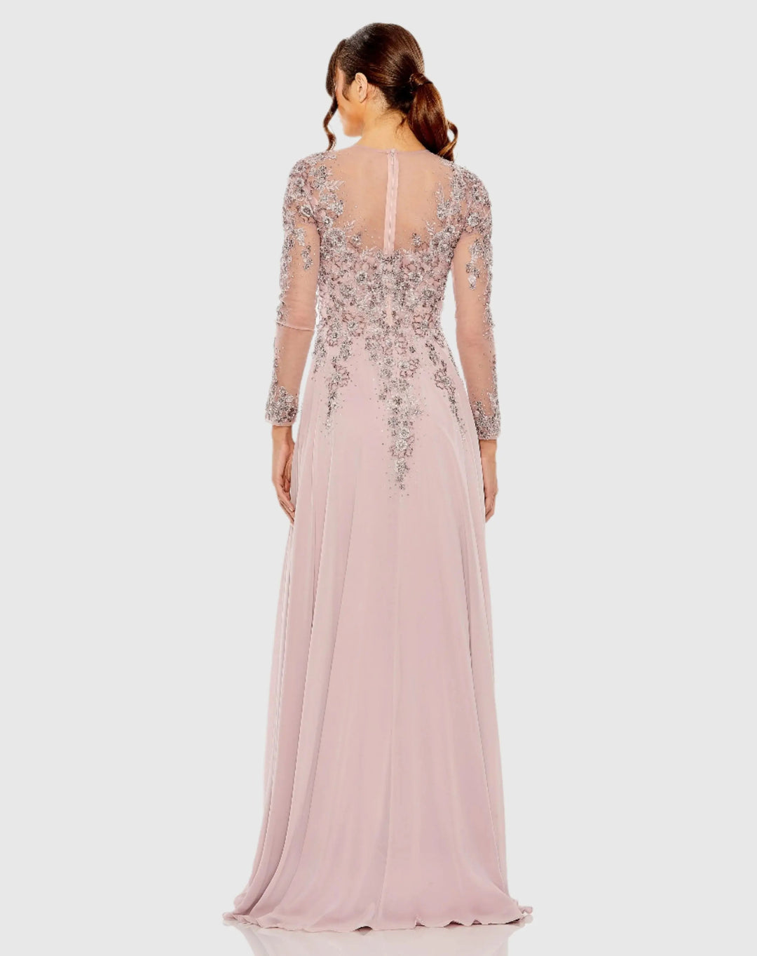 Mac Duggal 20478 High Neck Mesh Long Sleeve Embellished A Line Gown
