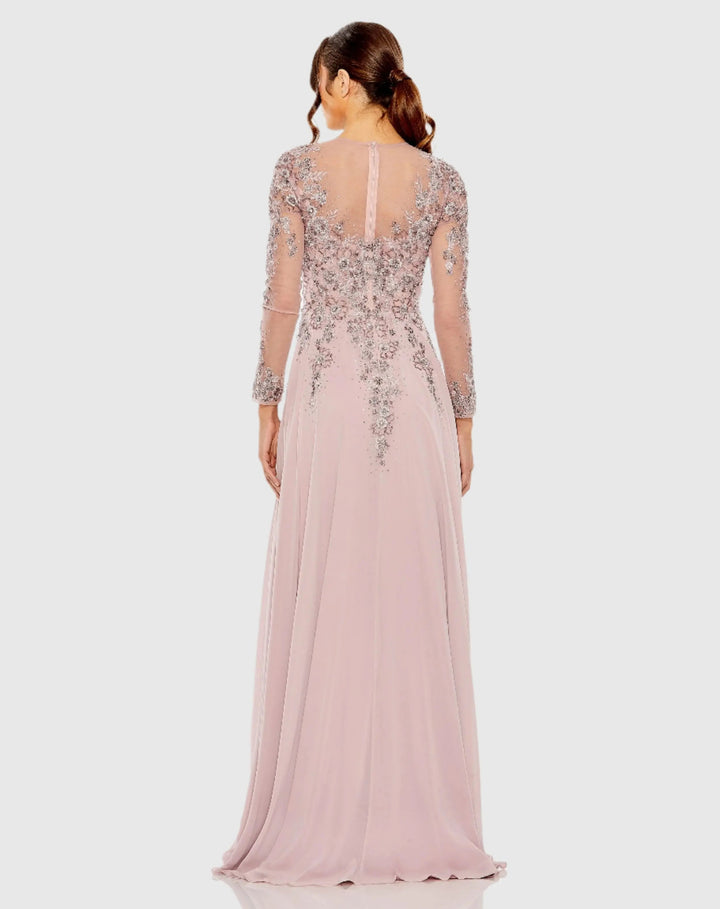 Mac Duggal 20478 High Neck Mesh Long Sleeve Embellished A Line Gown