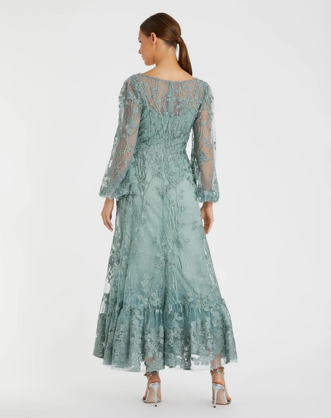 Mac Duggal 20512 V-Neck Embroidered A-line Tea Length Dress