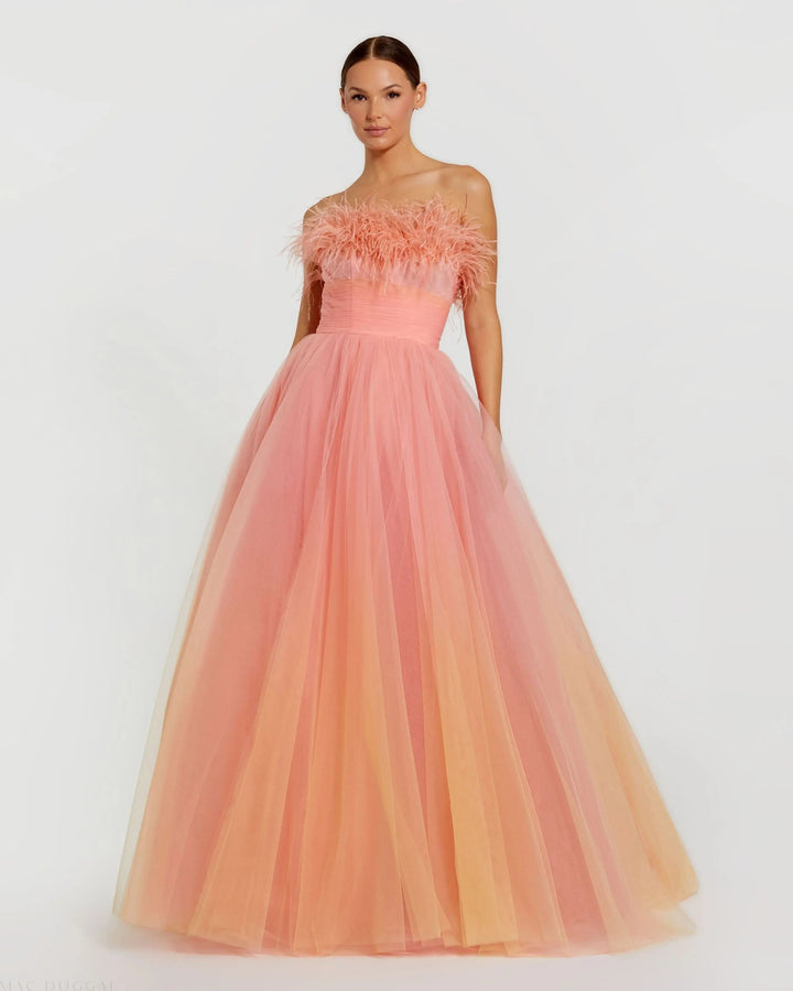 Mac Duggal 20557 Strapless Feather Bodice Tulle Gown