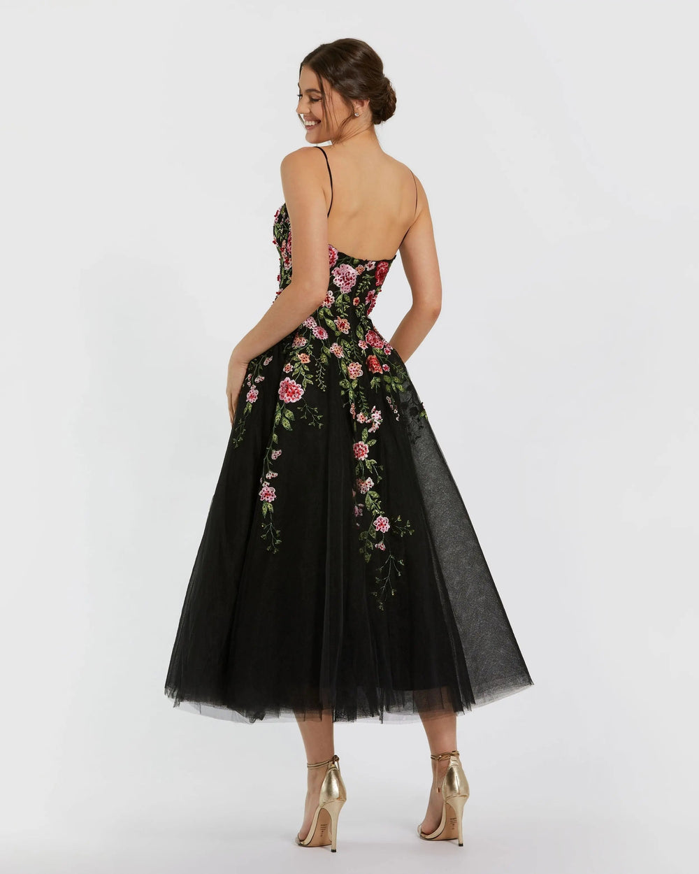 Black Multicolor Bustier Embroidered Floral A-Line Dress - FOSTANI.com