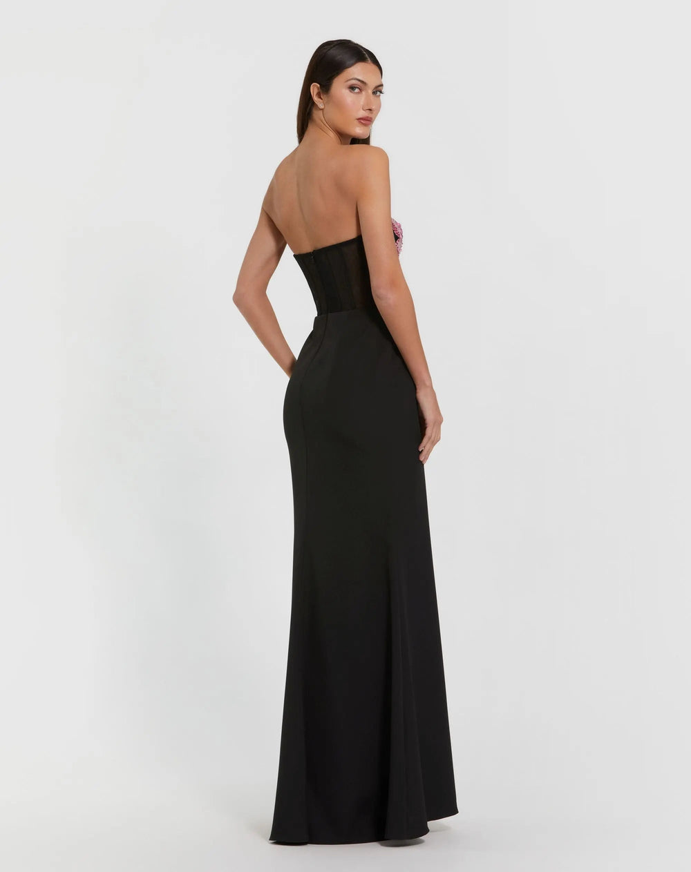 Black Strapless Sheer Embroidered Bustier Gown - FOSTANI.com