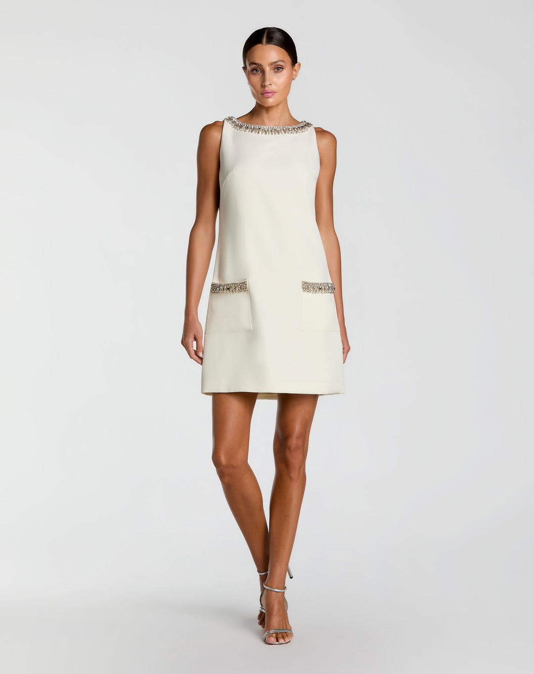 Ivory Sleeveless Shift Mini Dress with Rhinestone Trim - FOSTANI.com