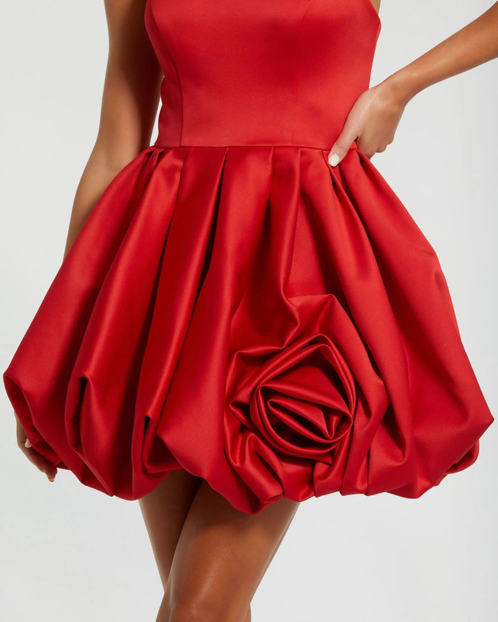 Red Strapless Mini Dress With Rose Ruffle Detail - FOSTANI.com