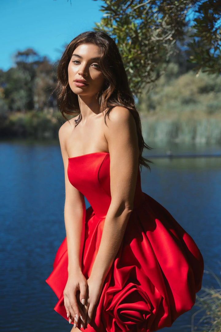 Red Strapless Mini Dress With Rose Ruffle Detail - FOSTANI.com