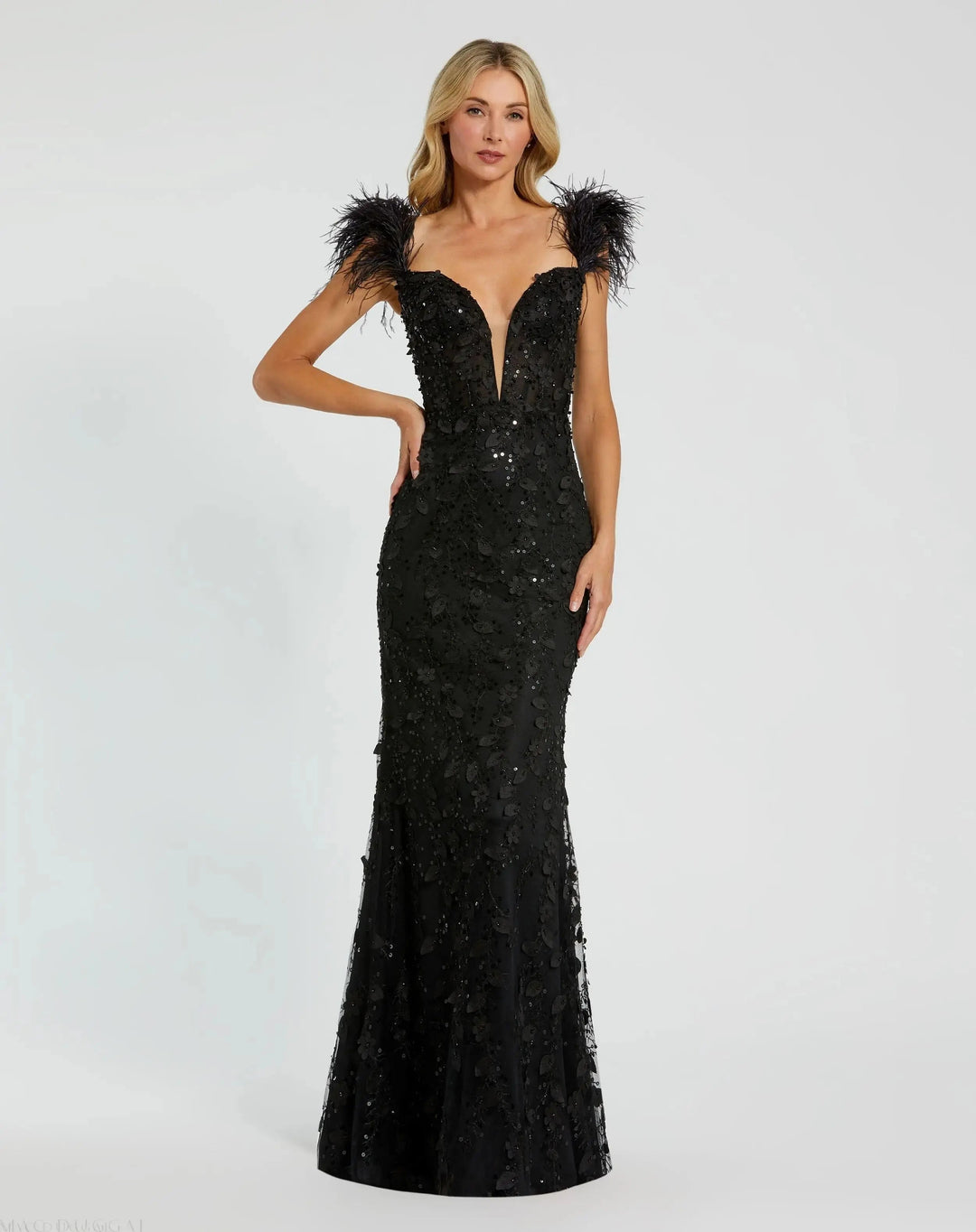 Mac Duggal 20889 Sheer Applique Bustier Gown with Feather Straps