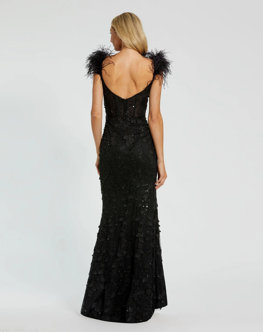 Mac Duggal 20889 Sheer Applique Bustier Gown with Feather Straps
