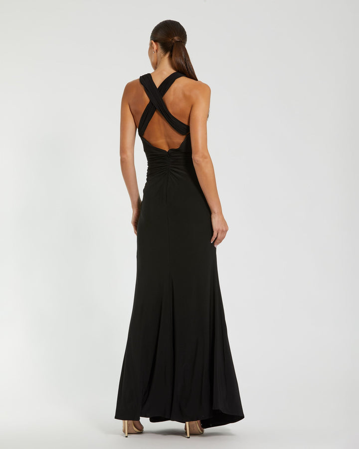 Mac Duggal 21006 Jersey Halter Gown With Floral Appliqué