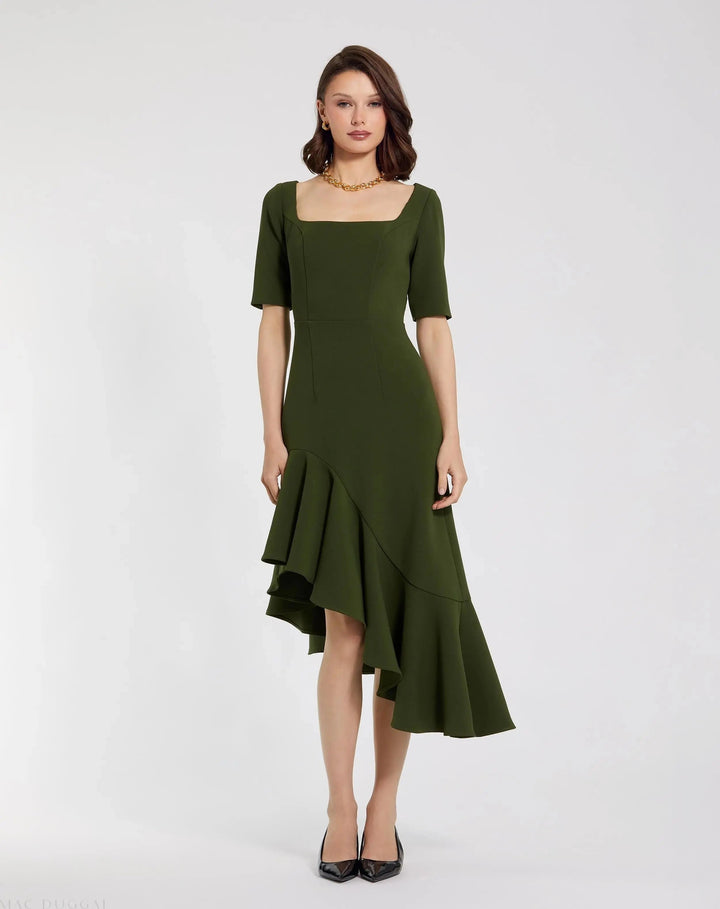 Mac Duggal 21019 Crepe 3/4 Sleeve Asymmetrical Hem Dress