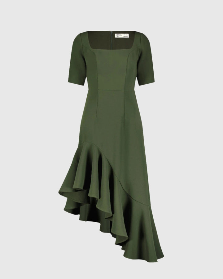 Mac Duggal 21019 Crepe 3/4 Sleeve Asymmetrical Hem Dress