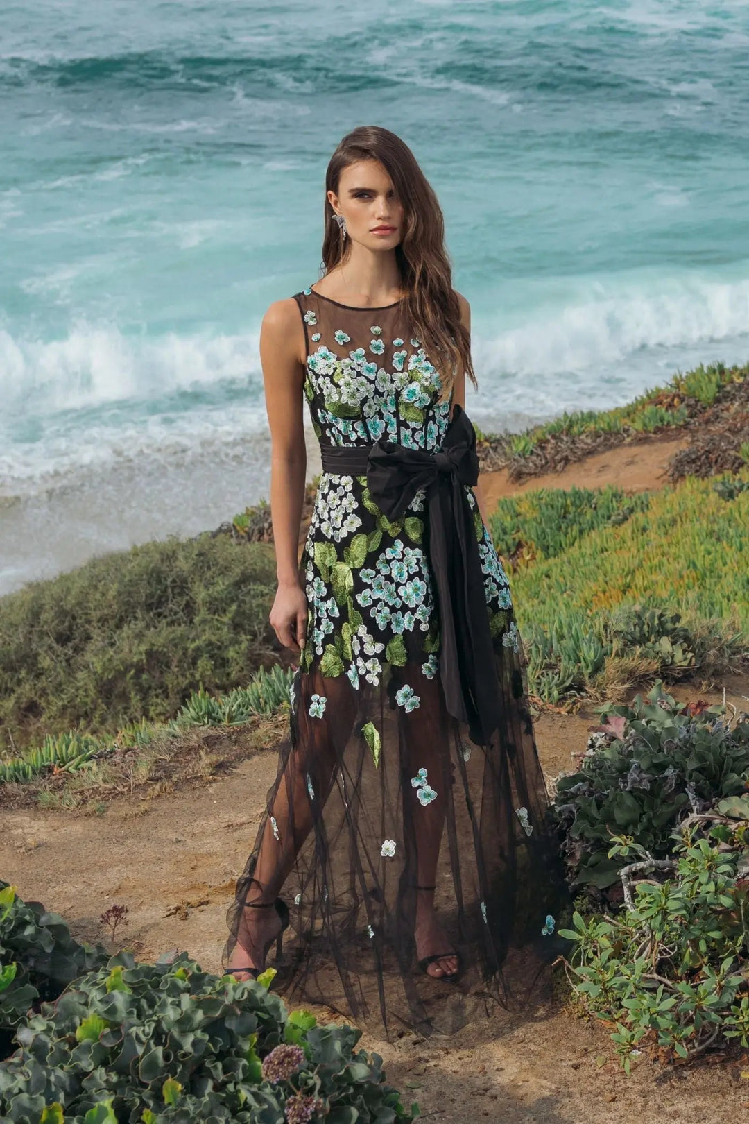 Mac Duggal FITTED Black Floral Embroidered Corset Gown With Bow