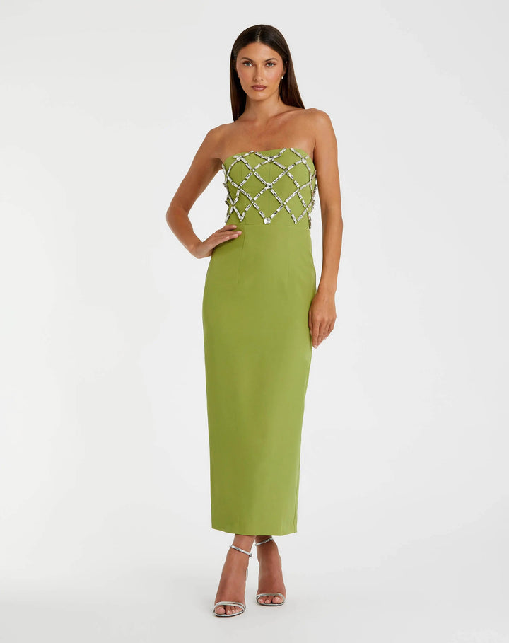 Green Strapless Crystal Embellished Midi Dress - FOSTANI.com