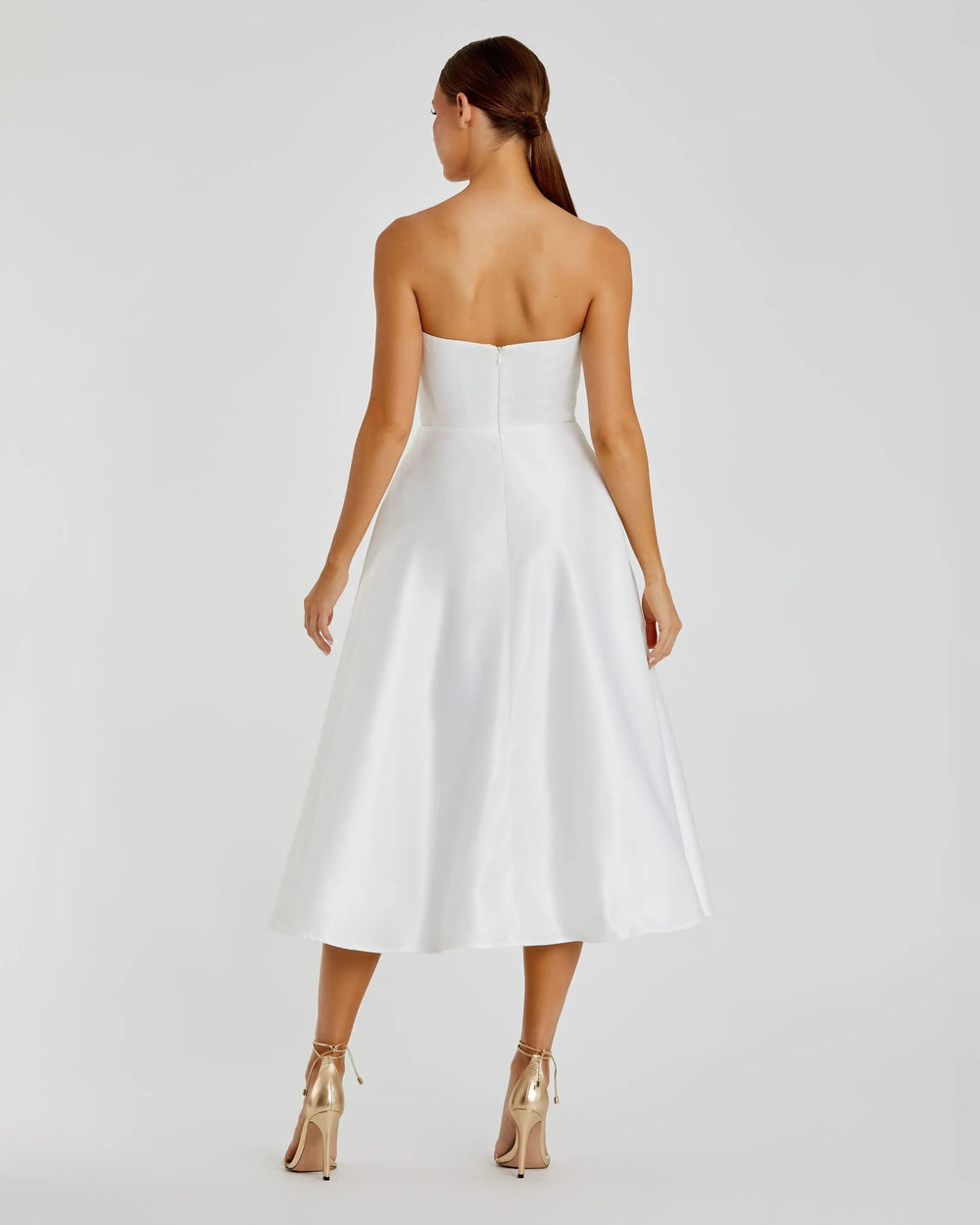 White Strapless Satin Midi Dress With Flower Print - FOSTANI.com