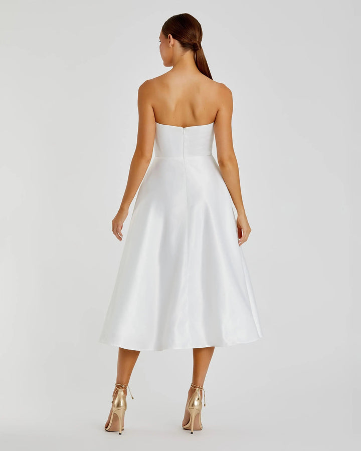 White Strapless Satin Midi Dress With Flower Print - FOSTANI.com
