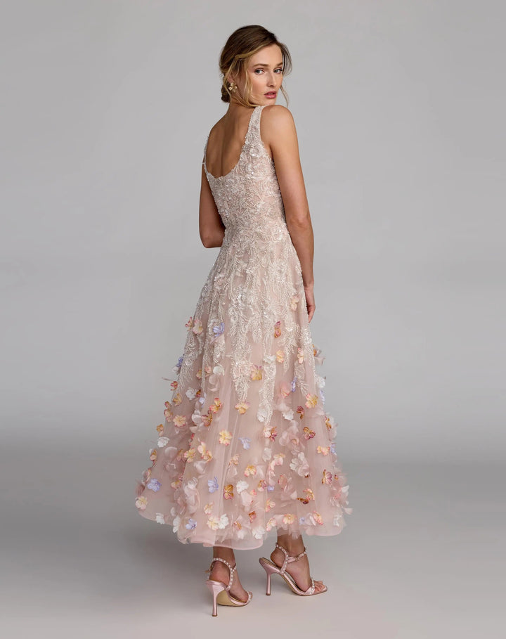 Pink Sleeveless Beaded Midi Dress With 3D Flowers - FOSTANI.com