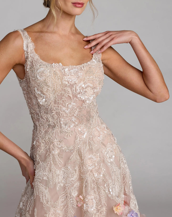 Pink Sleeveless Beaded Midi Dress With 3D Flowers - FOSTANI.com