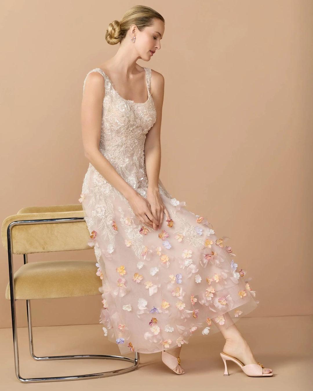 Pink Sleeveless Beaded Midi Dress With 3D Flowers - FOSTANI.com