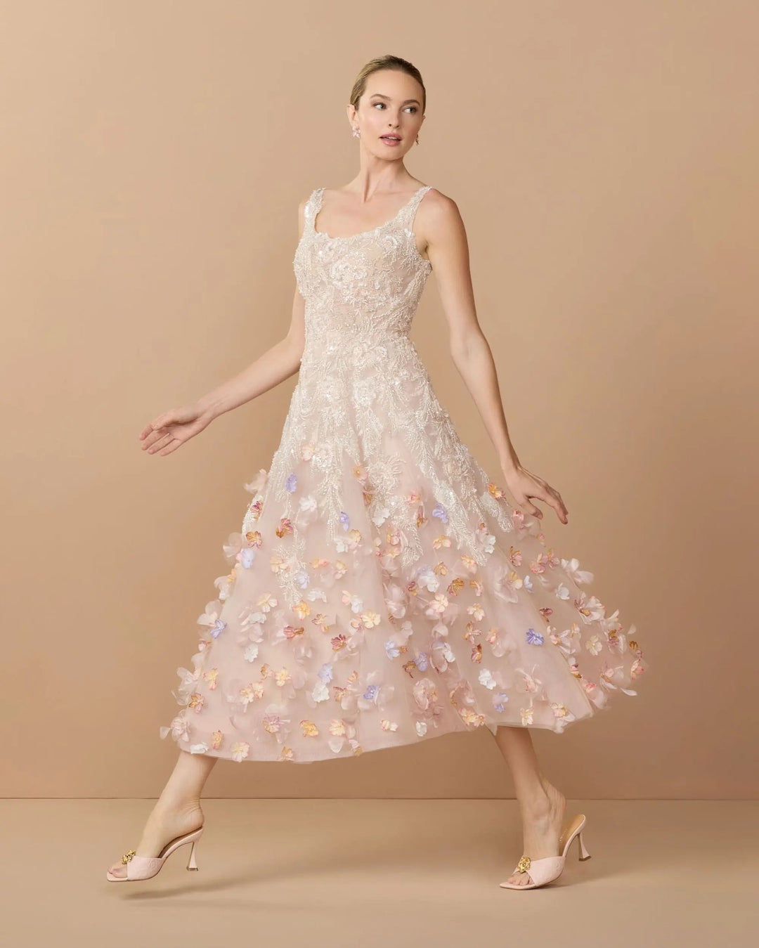 Pink Sleeveless Beaded Midi Dress With 3D Flowers - FOSTANI.com