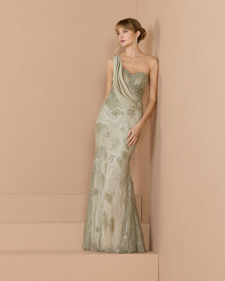 Mac Duggal 21089 Beaded One Shoulder Draped Mermaid Gown