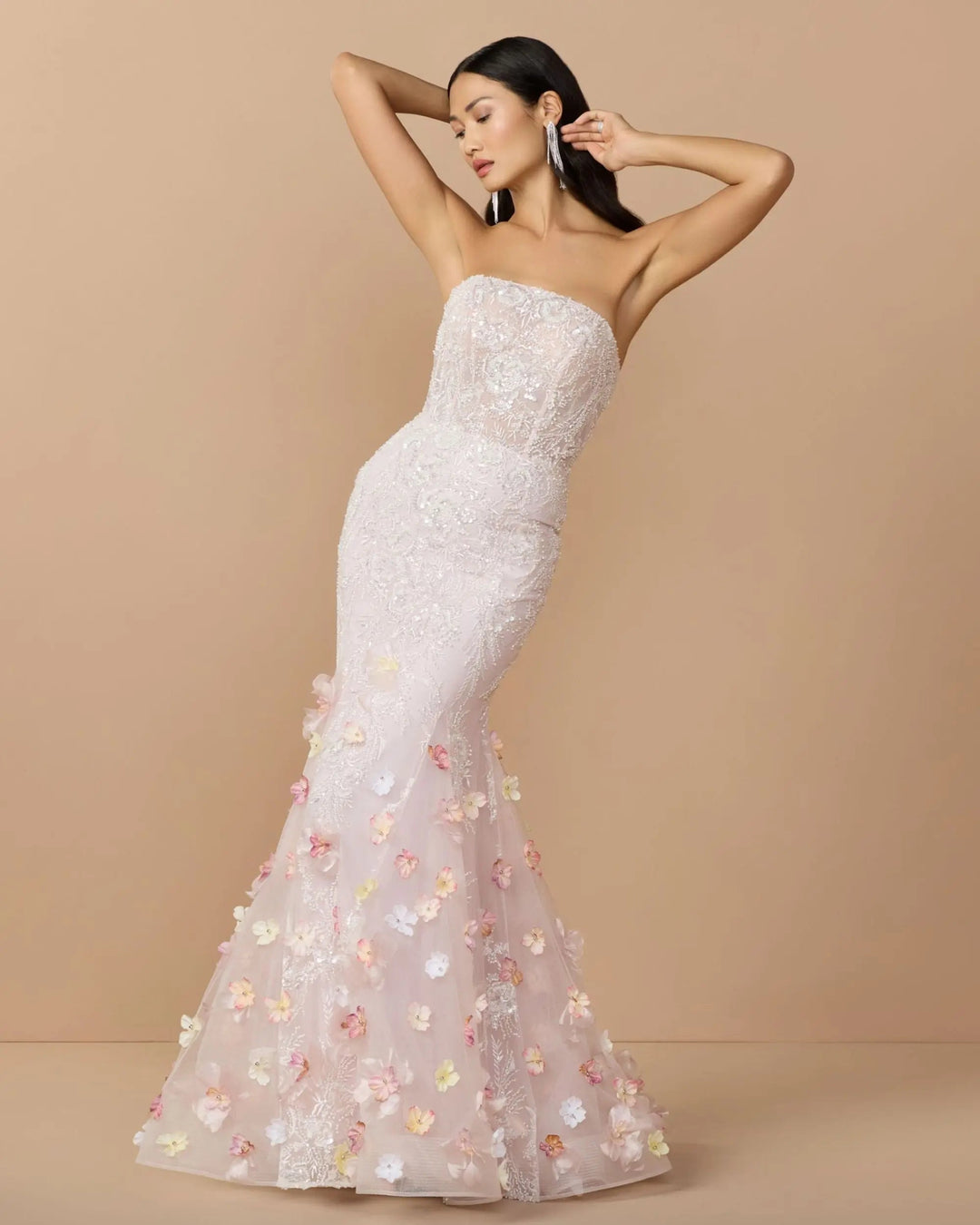 Pink Strapless Embellished Mermaid Gown With 3D Floral Hem - FOSTANI.com