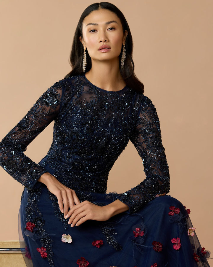 Mac Duggal 21148 Beaded Floral A-Line Gown With Feathers