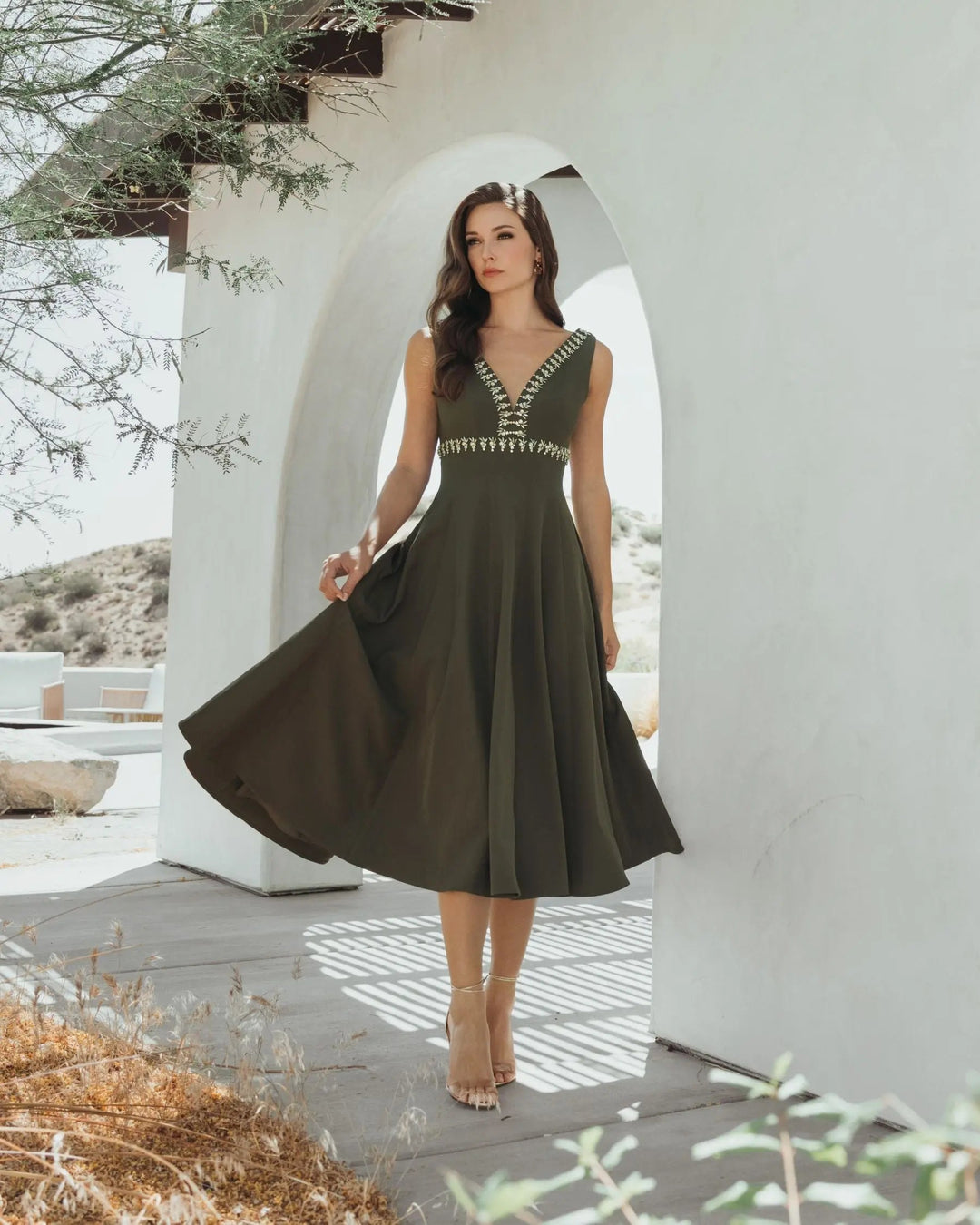 Green Rhinestone Embellished Crepe A Line Midi Dress - FOSTANI.com