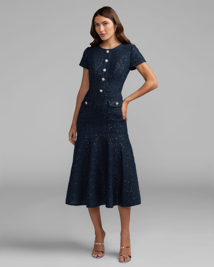 Mac Duggal 21167 High Neck Short Sleeve Boucle Midi Dress