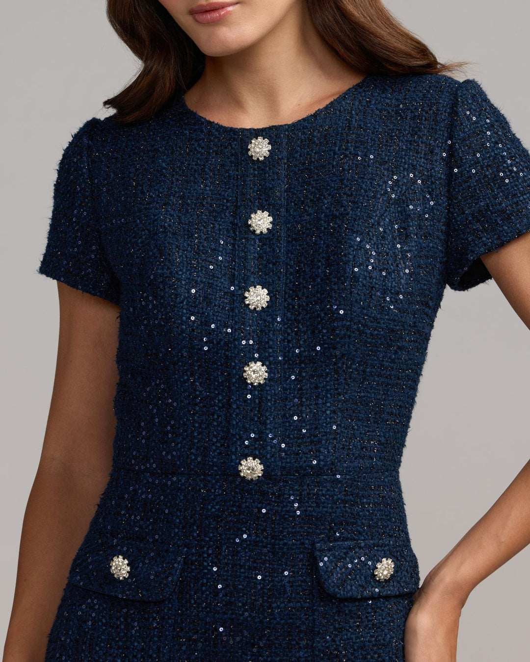 Mac Duggal 21167 High Neck Short Sleeve Boucle Midi Dress
