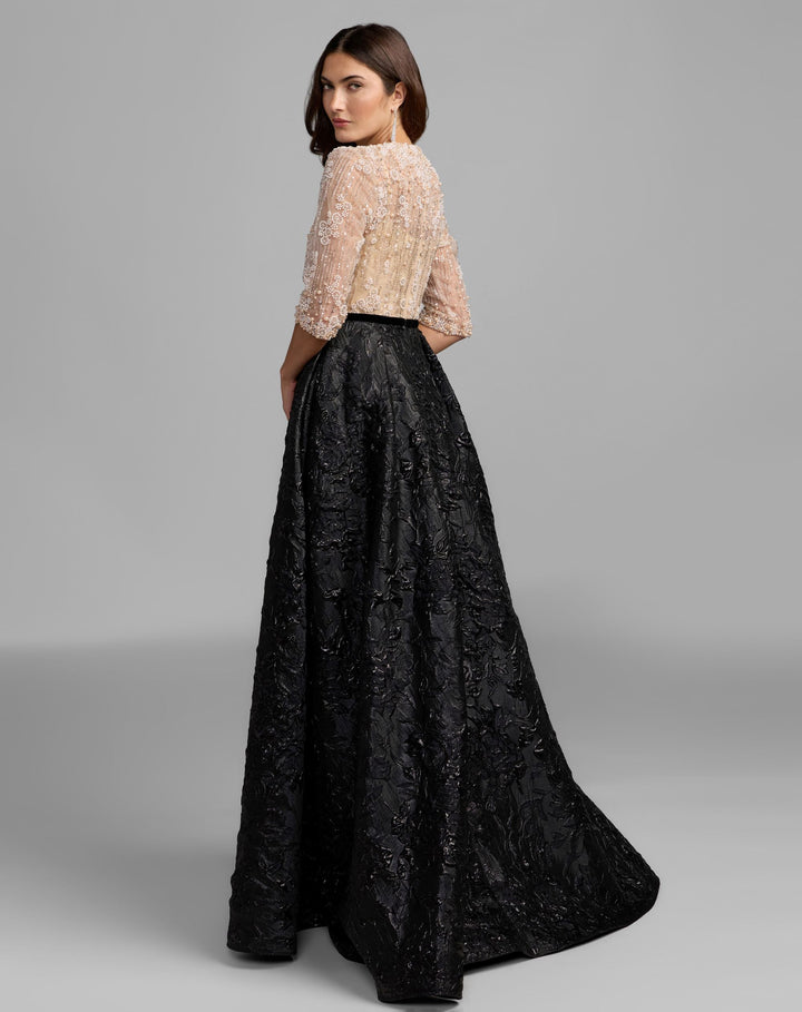 Mac Duggal 21180 Embellished Brocade Gown With 3/4 Sleeves