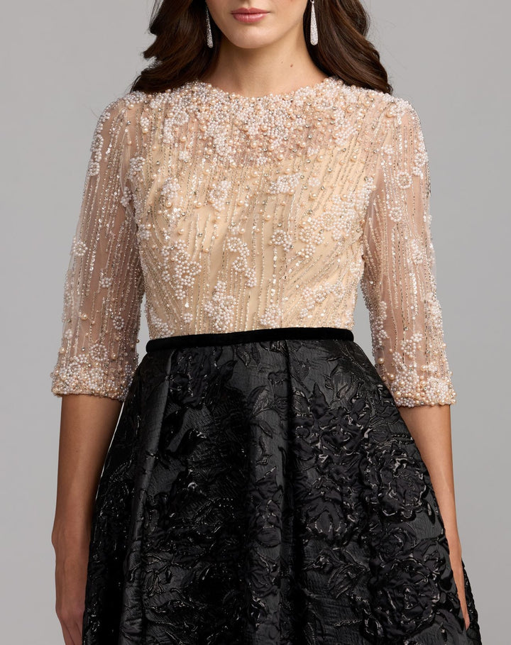 Mac Duggal 21180 Embellished Brocade Gown With 3/4 Sleeves