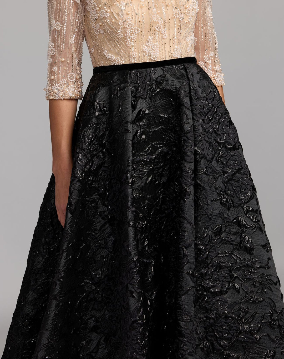 Mac Duggal 21180 Embellished Brocade Gown With 3/4 Sleeves