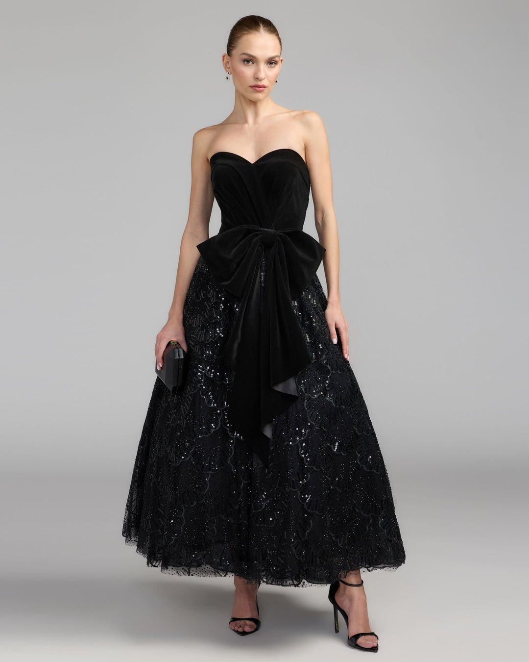 Mac Duggal 21197 Velvet Bow Sequin Strapless A-Line Gown