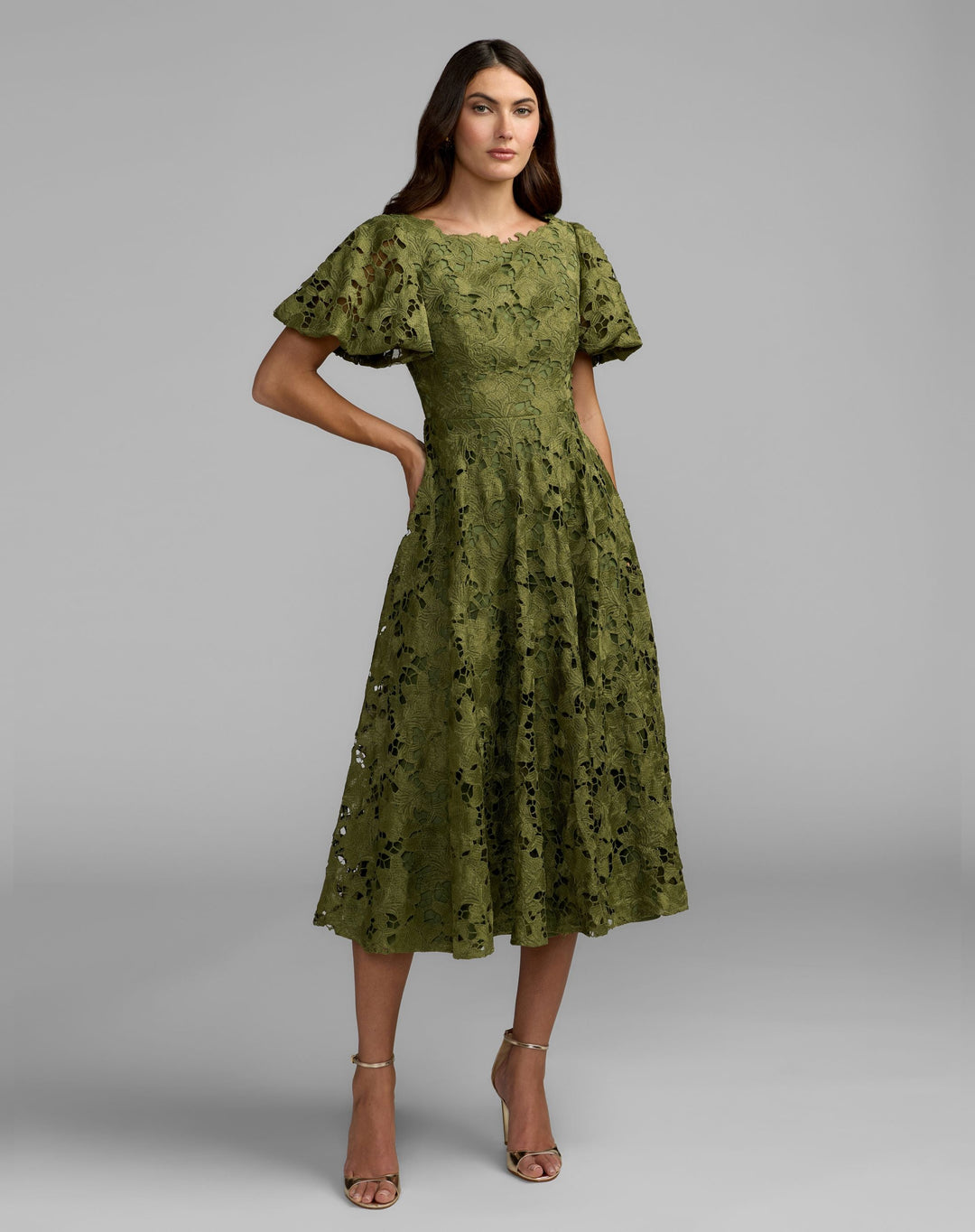 Mac Duggal 21209 Floral Lace Flutter Sleeve Midi Dress