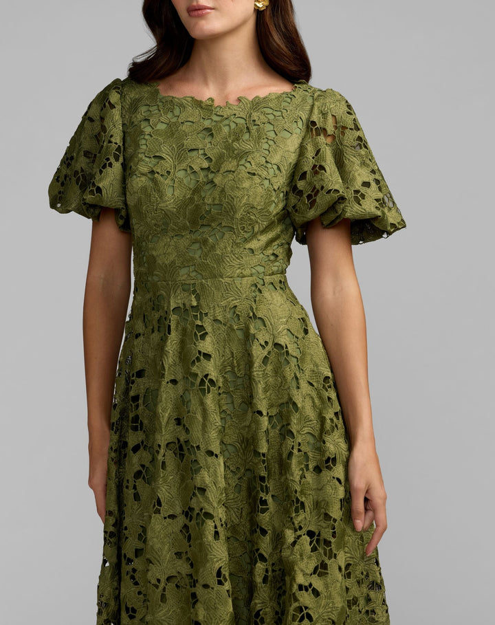 Mac Duggal 21209 Floral Lace Flutter Sleeve Midi Dress